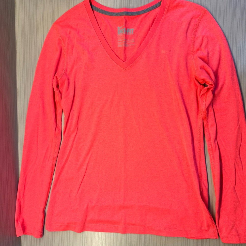 Nike Salmon Pink V-Neck DRI-FIT Long Sleeve Shirt, size S
